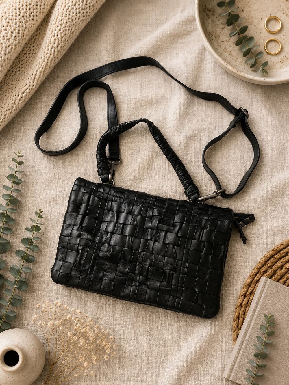 Latico Black Woven Leather Convertible Crossbody Satchel Shoulder Bag Artisan